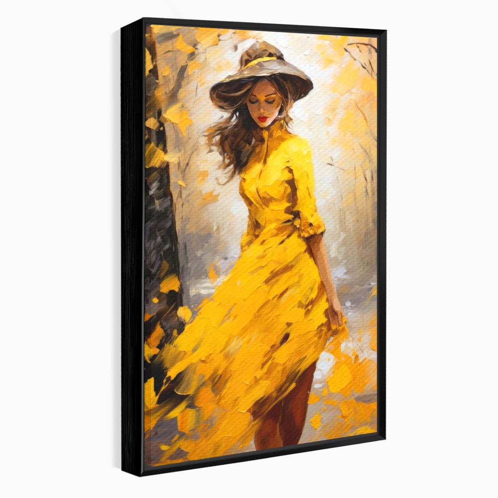 Tablou canvas cu tablou canvas cu femeie in galben, in rama de aluminiu negru